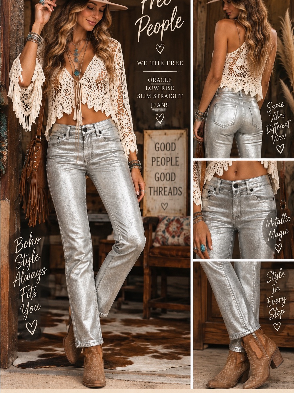 We The Free Metallic Silver Straight Leg Jeans